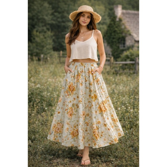 En Saison Dresses & Skirts - En Saison Maxi Skirt Womens L Floral Tiered Draped Cottagecore Prairie Cowgirl